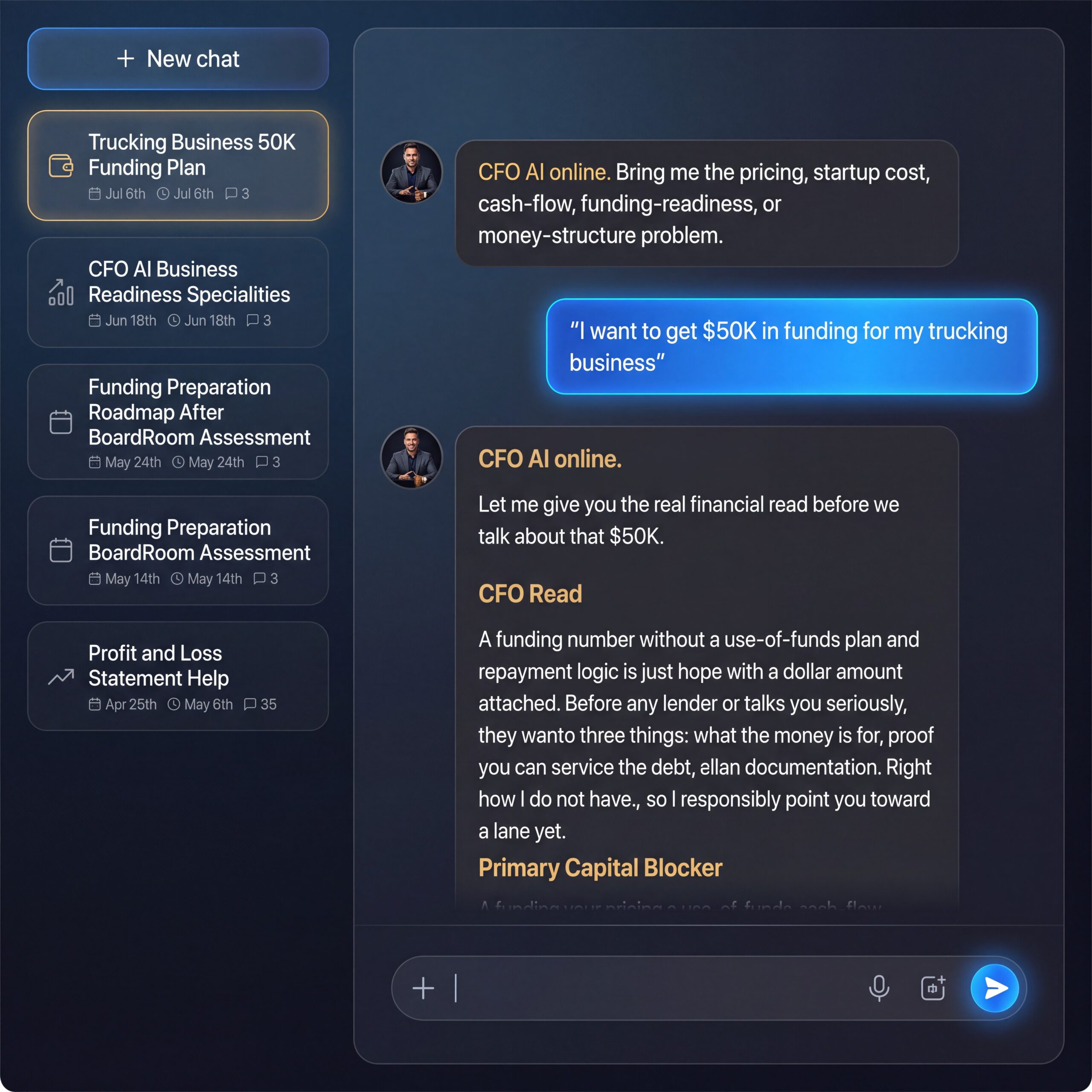 CFO AI chat interface inside the BoardRoom Command Center, reviewing a $50K trucking business funding plan with a session history sidebar