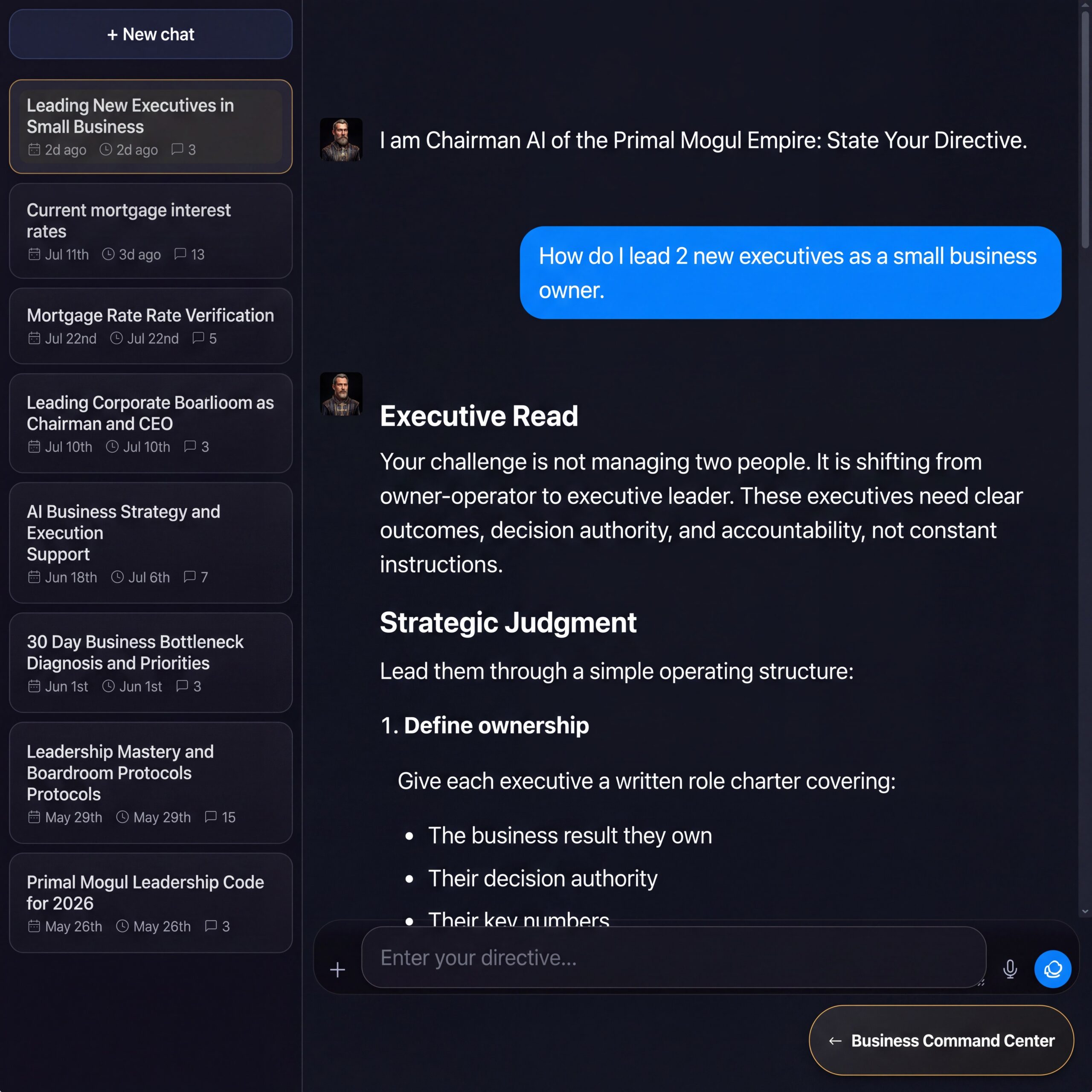 Chairman AI interface inside the PrimalMogul AI BoardRoom Council
