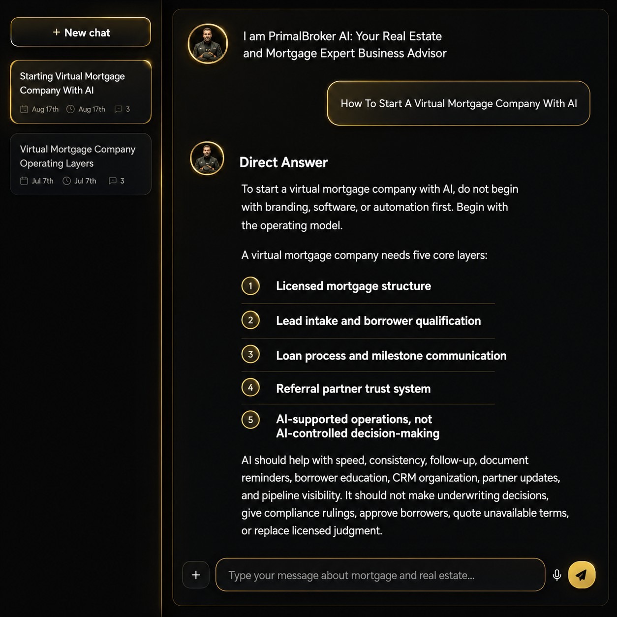 PrimalBroker AI interface giving a structured answer about starting a virtual mortgage company