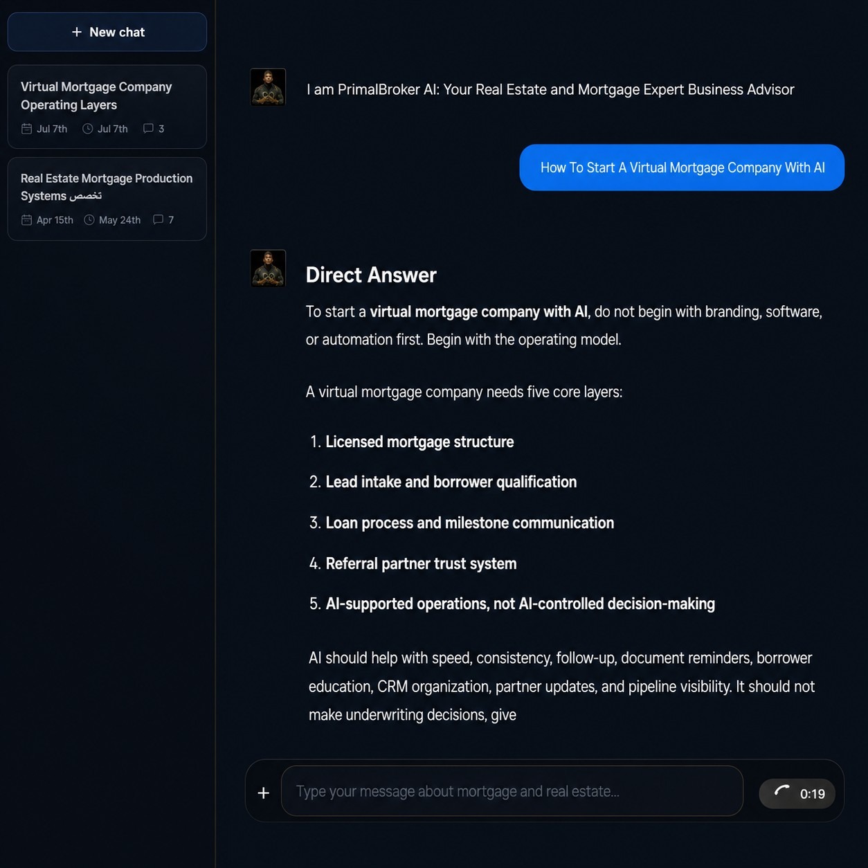 PrimalBroker AI chat interface building a borrower follow-up system inside the PrimalMogul AI dashboard