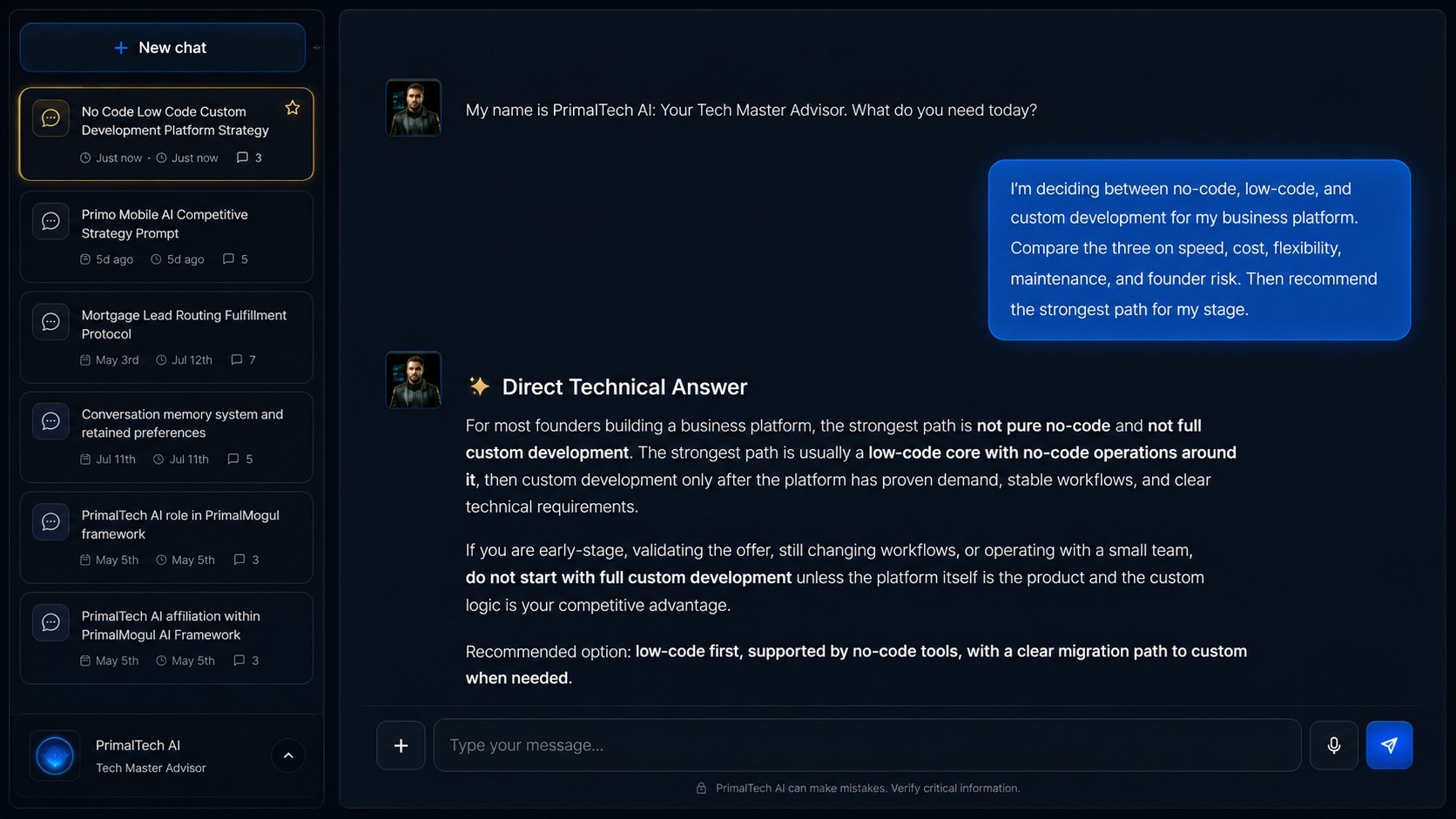 PrimalTech AI interface inside PrimalMogul AI showing saved technical sessions, cross-session memory, and a direct answer comparing no-code, low-code, and custom development for a business platform