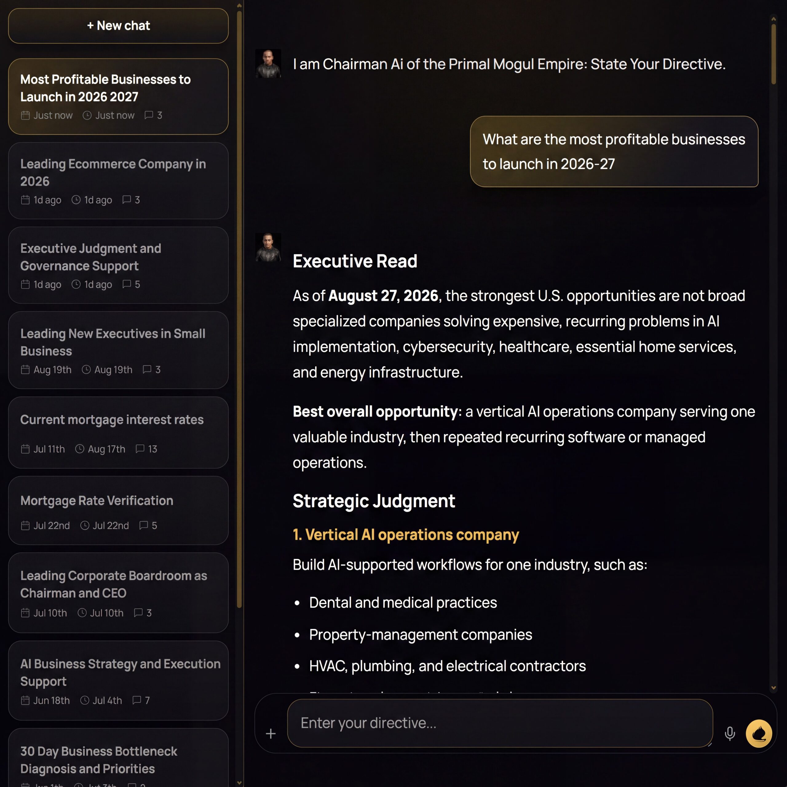 Chairman AI intelligence interface inside PrimalMogul AI