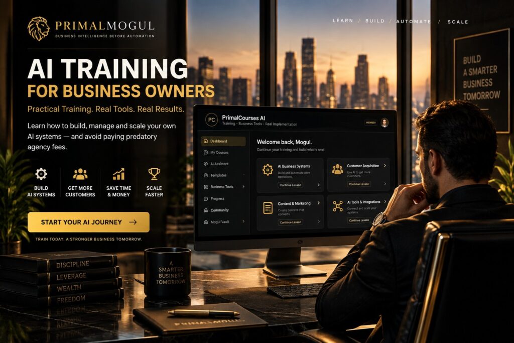 PrimalCourses AI training interface for business owners learning AI tools, coding, automation and business skills.