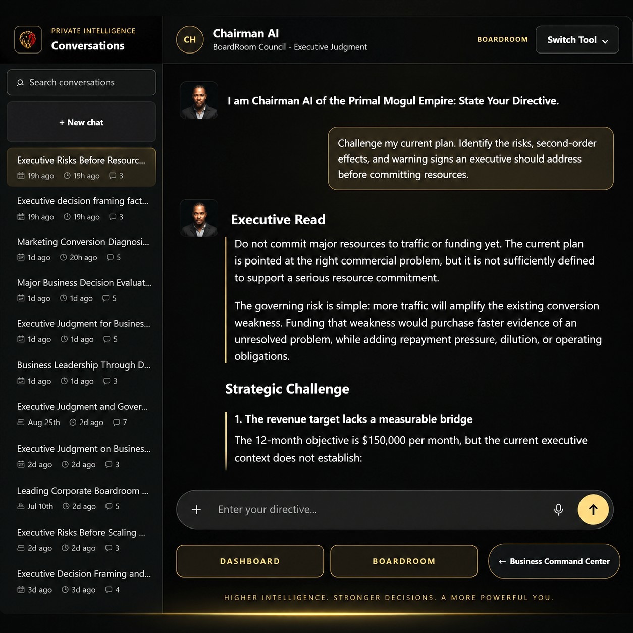 PrimalMogul Chairman AI interface showing a business response