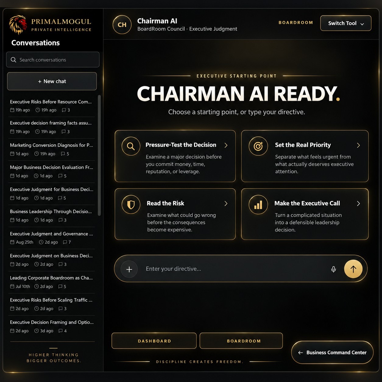 Chairman AI reviewing a business decision inside the PrimalMogul AI member environment