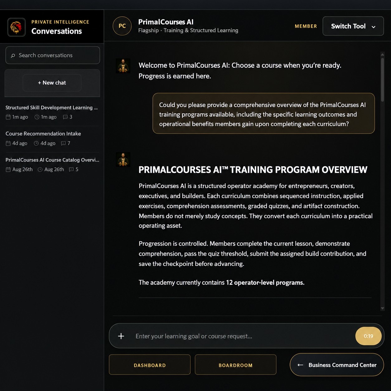 PrimalCourses AI member training interface