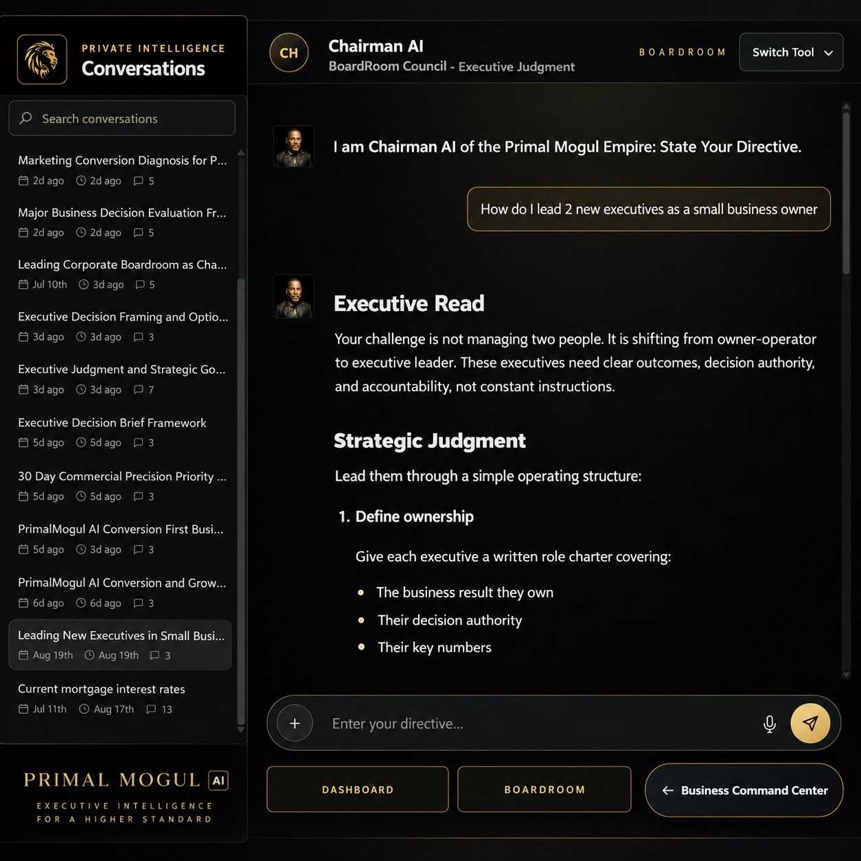Chairman AI interface inside the PrimalMogul AI BoardRoom Council