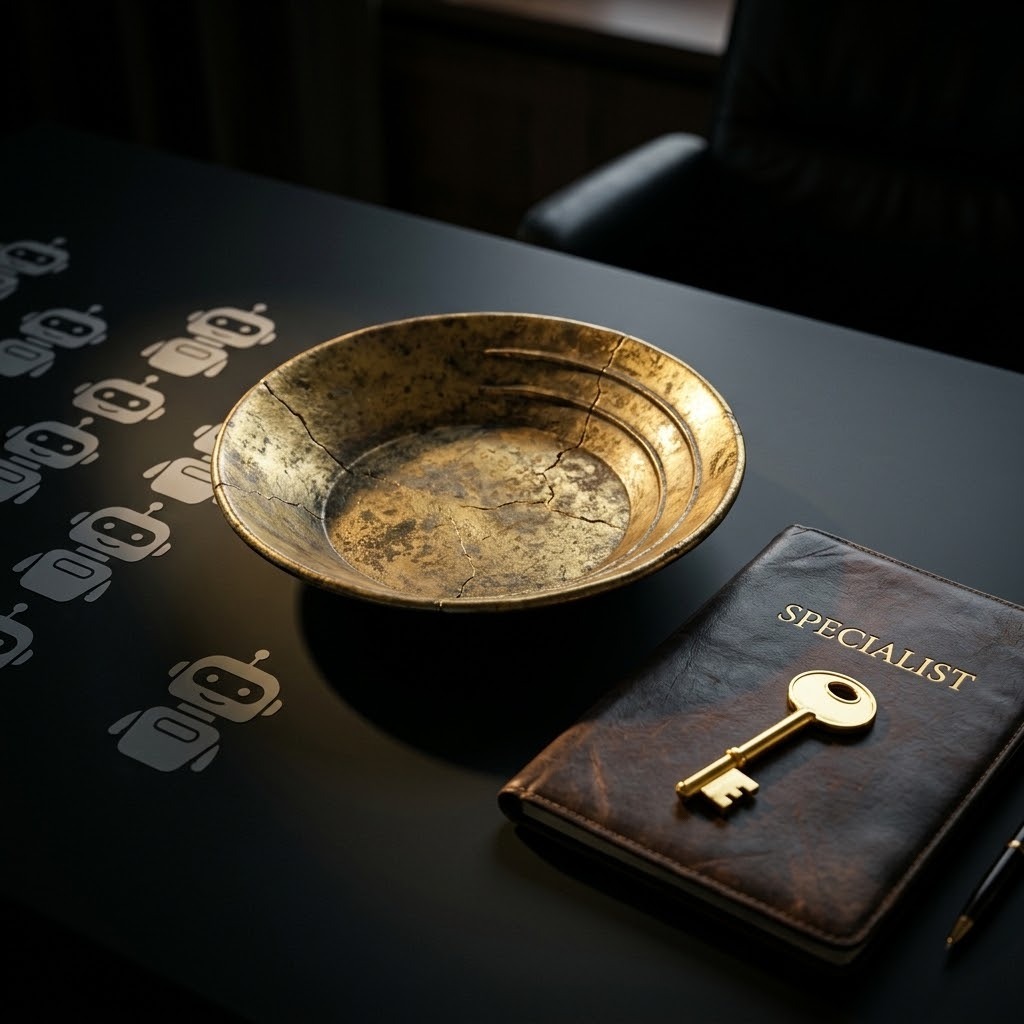 Cracked gold pan beside a polished gold key representing the shift from generic AI agencies to niche specialists