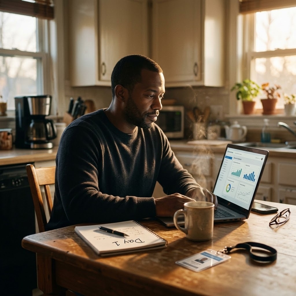 Former employee planning a new business at a kitchen table with a laptop and notebook at sunrise